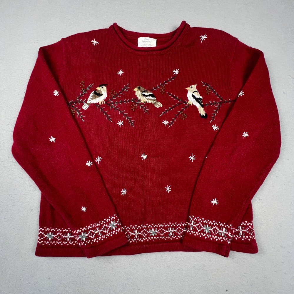 VTG Christopher & Banks Sweater L Red Hand Embroidered Winter Holiday Festive